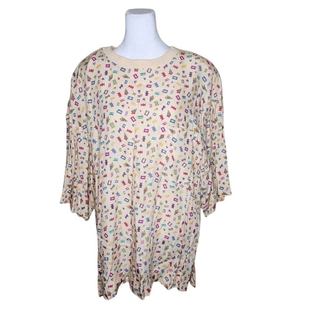 Vintage 80s Oversized Short Sleeve Shirt Top Womens Size L Cream Geometric